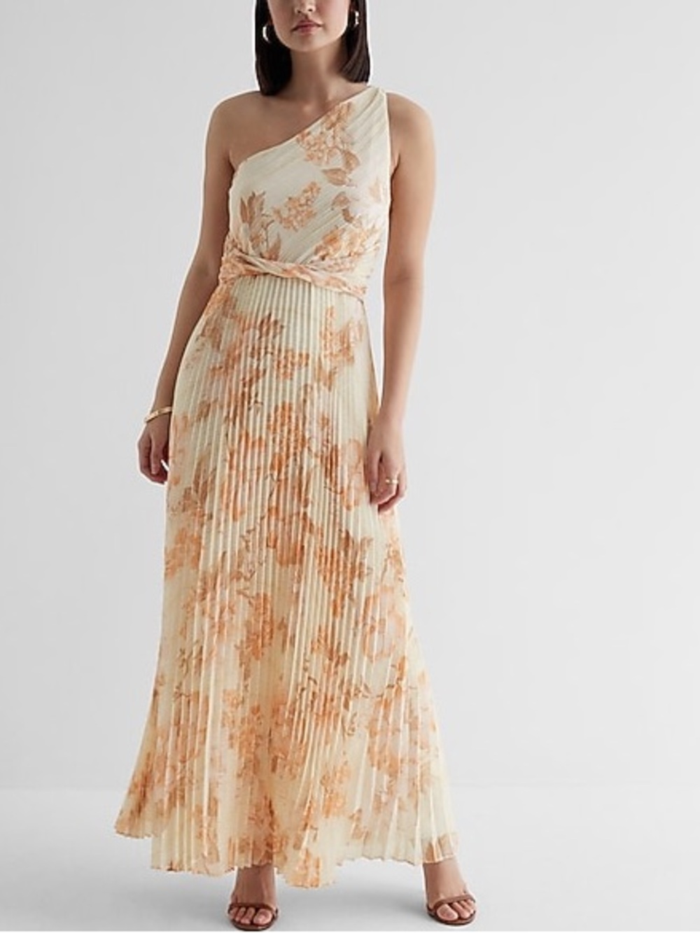 Express One-Shoulder Pleated Floral Maxi Dress in Cream and Peach NWT Medium